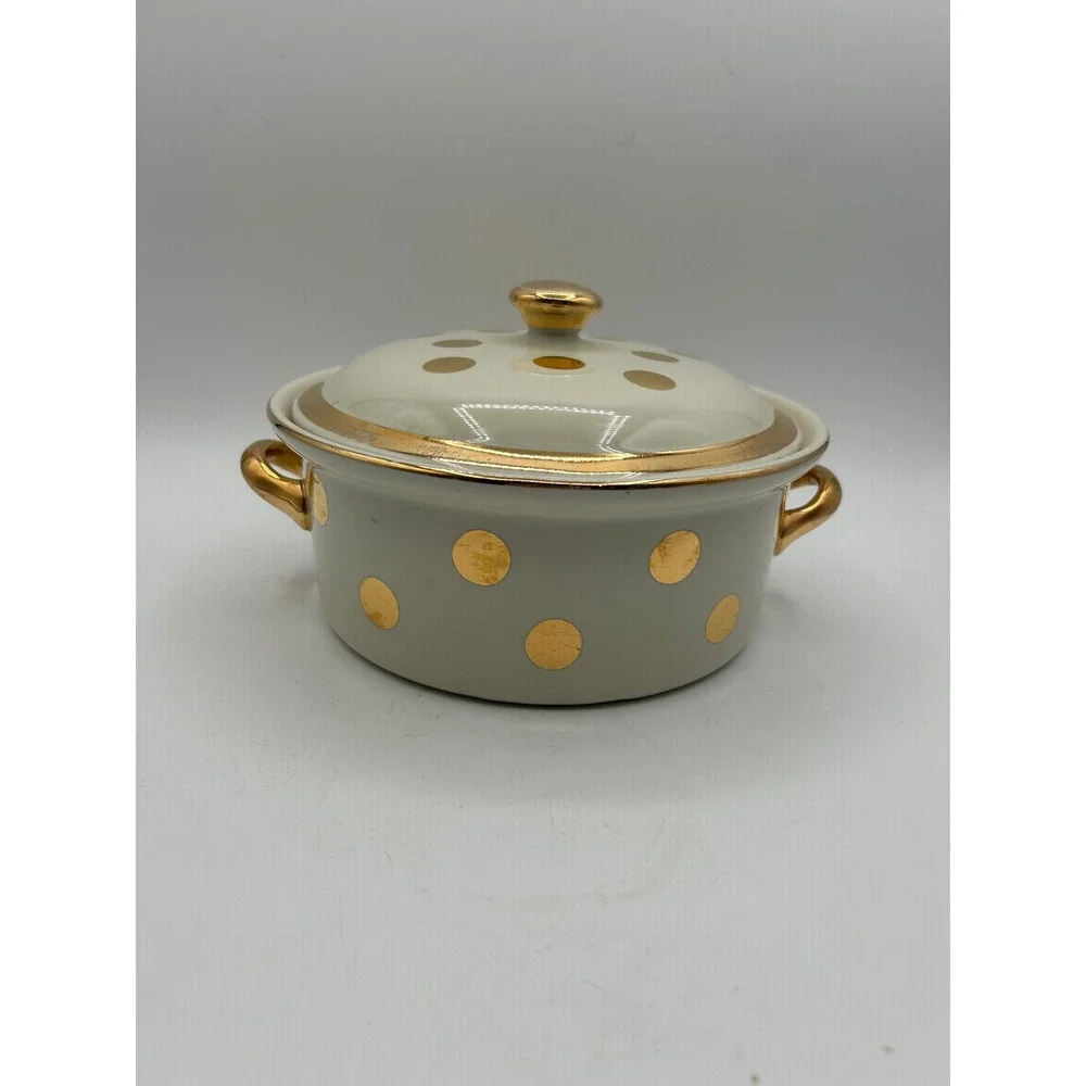 Hall China Casserole Dish Ivory Gold Dot Covered Round Lidded Bowl Vintage
